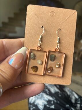 Rectangular Copper-Tone Resin Earrings with Natural Pebble Accents - Brown